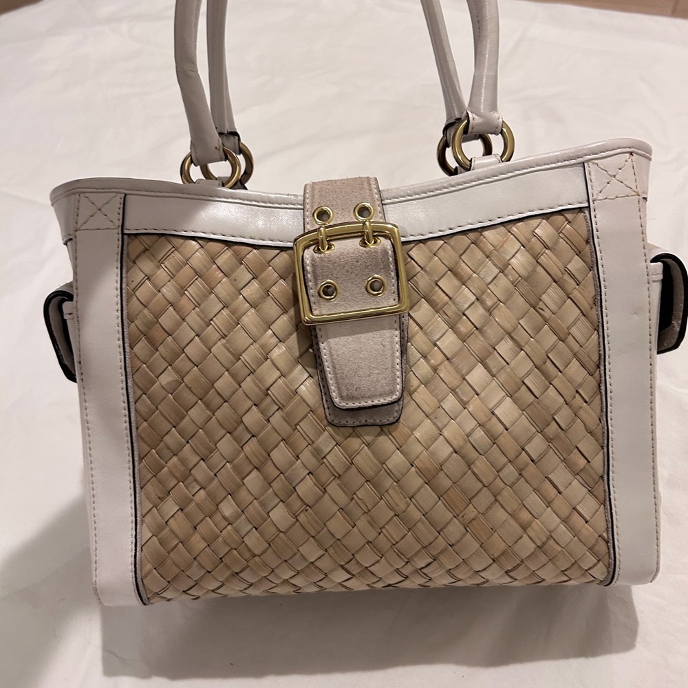 Coach Woven Straw Leather Tote Bag Cream Tan Buckle Turnlock Satchel